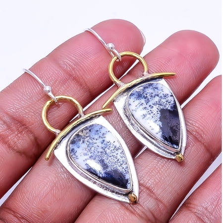Dendritic Agate -Brazil 925 Sterling Silver Two Tone Earring 1.95", Black & White Dendritic Agate Earring E_8059_349_46