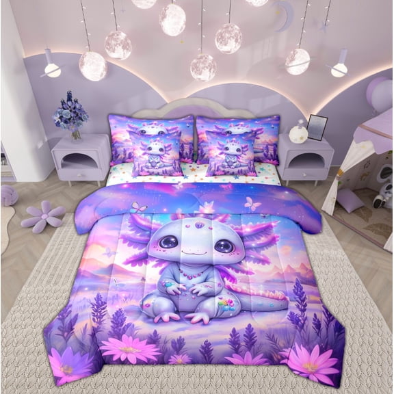 Manfei 3D Purple Axolotl Bedding Comforter Set 7 Pieces, Mystic Galaxy Flower Full Bedding Set, Teen Boy Girl Kids Reversible Fitted Sheet Flat Sheet, Microfiber Bedroom Decor
