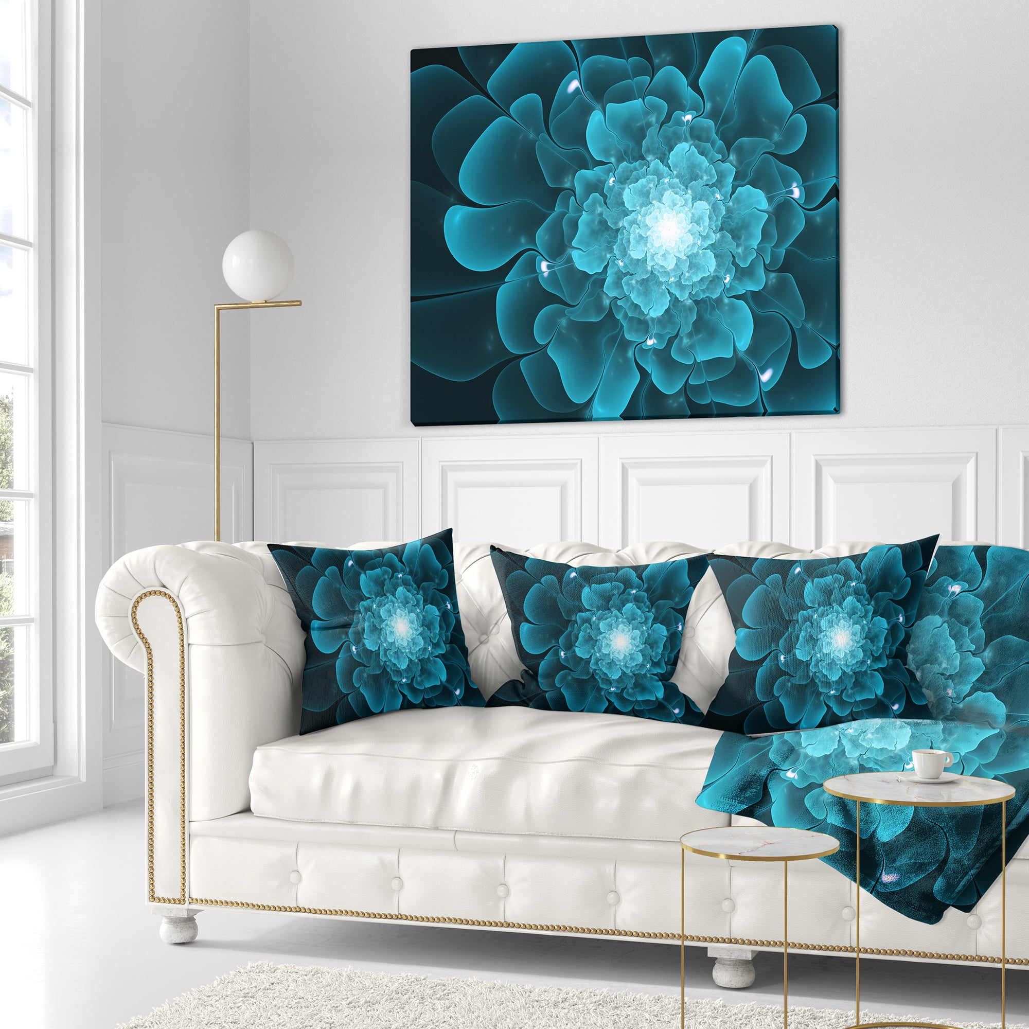 Designart Fractal Flower Clear Blue Digital Art - Floral Throw Pillow - 18x18
