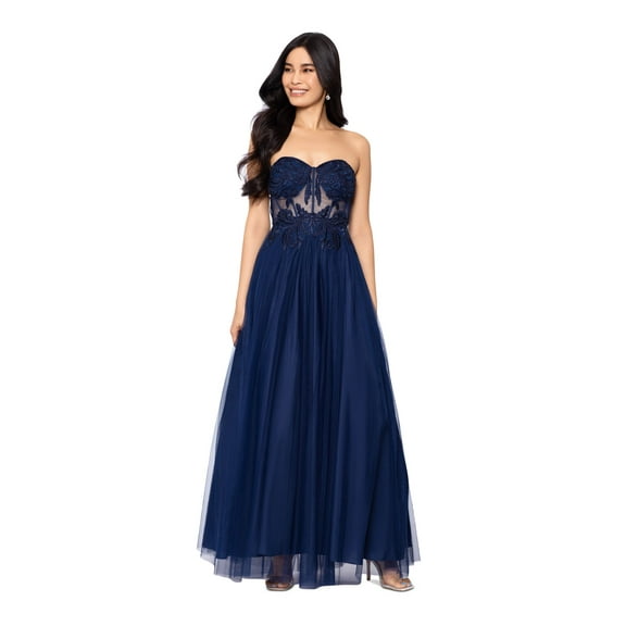 BLONDIE NITES Womens Navy Zippered Floral Sleeveless Sweetheart Neckline Full-Length Formal Gown Dress 5