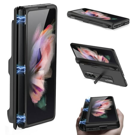 Case for Samsung Galaxy Z Fold 3 5G Cover with S Pen Holder, Allytech Hard PC Folding Hinge Protection Magnetic Bracket Kickstand All-Inclusive Magnetic Suction Cover for Galaxy Z Fold3 2021, Black