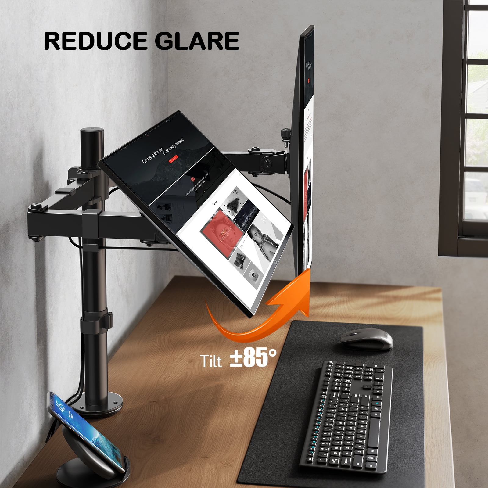 Heavy Duty Dual Monitor Stand for 13-32 Inch Screens, Fully Adjustable Desk Mount with C-Clamp/Grommet, 45° Tilt 360° Rotation, VESA 75/100, Holds 17.6lbs per Arm, Black