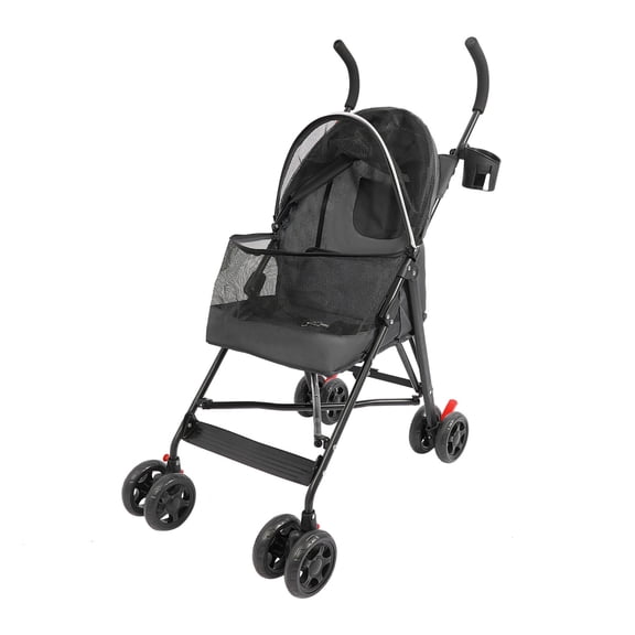 FOGGBET Umbrella Shaped Gear Cat Stroller Portable Foldable Puppy Small Dog Cat Stroller with 4 Wheels/Cup Holder/Built-in Safety Tethe Breathable Mesh Rear Pocket up to 22 pounds (Black)