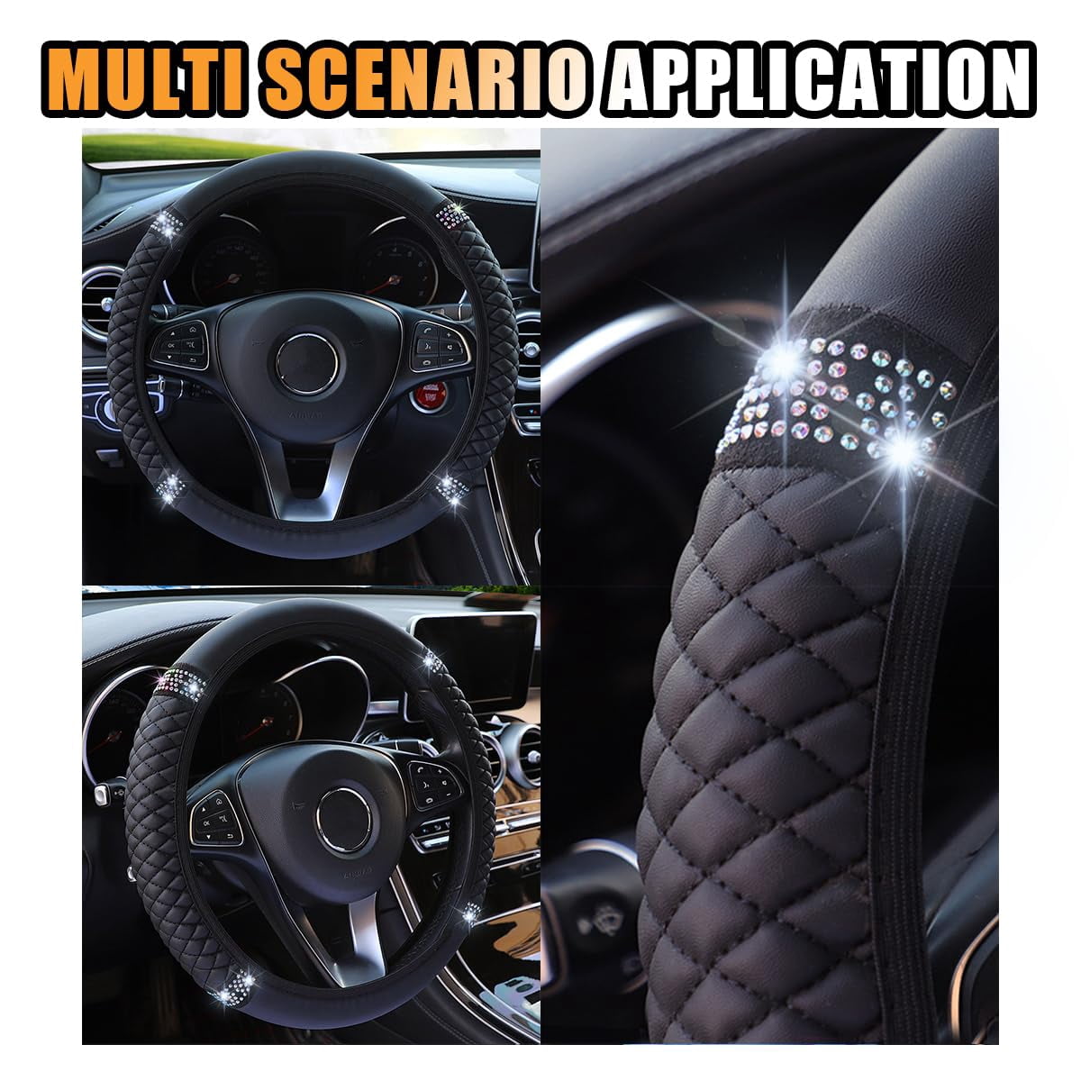 Bling Soft Leather Steering Wheel Cover, 15 Inch Colorful Rhinestones Auto Elastic Protector with Crystal Diamond for Women Girls, Car Accessories for Most Cars, SUVs (Pink)