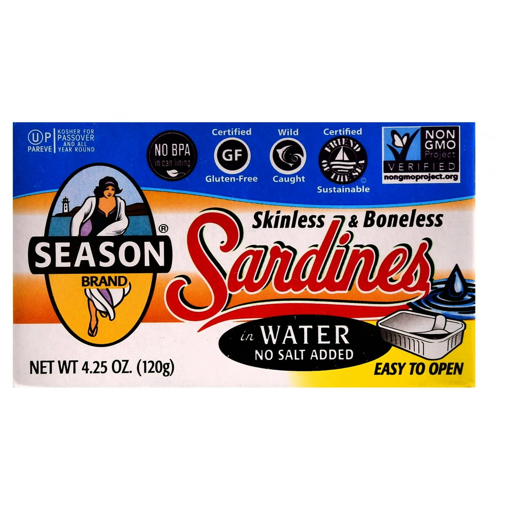 (4 Pack) Season Skinless & Boneless Sardines in Water, 4.25 oz