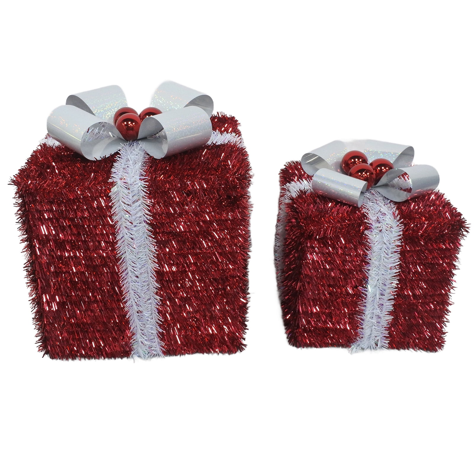 Tinsel Gift Boxes Christmas Decorations, Red and Silver, 2 Piece, by Holiday Time