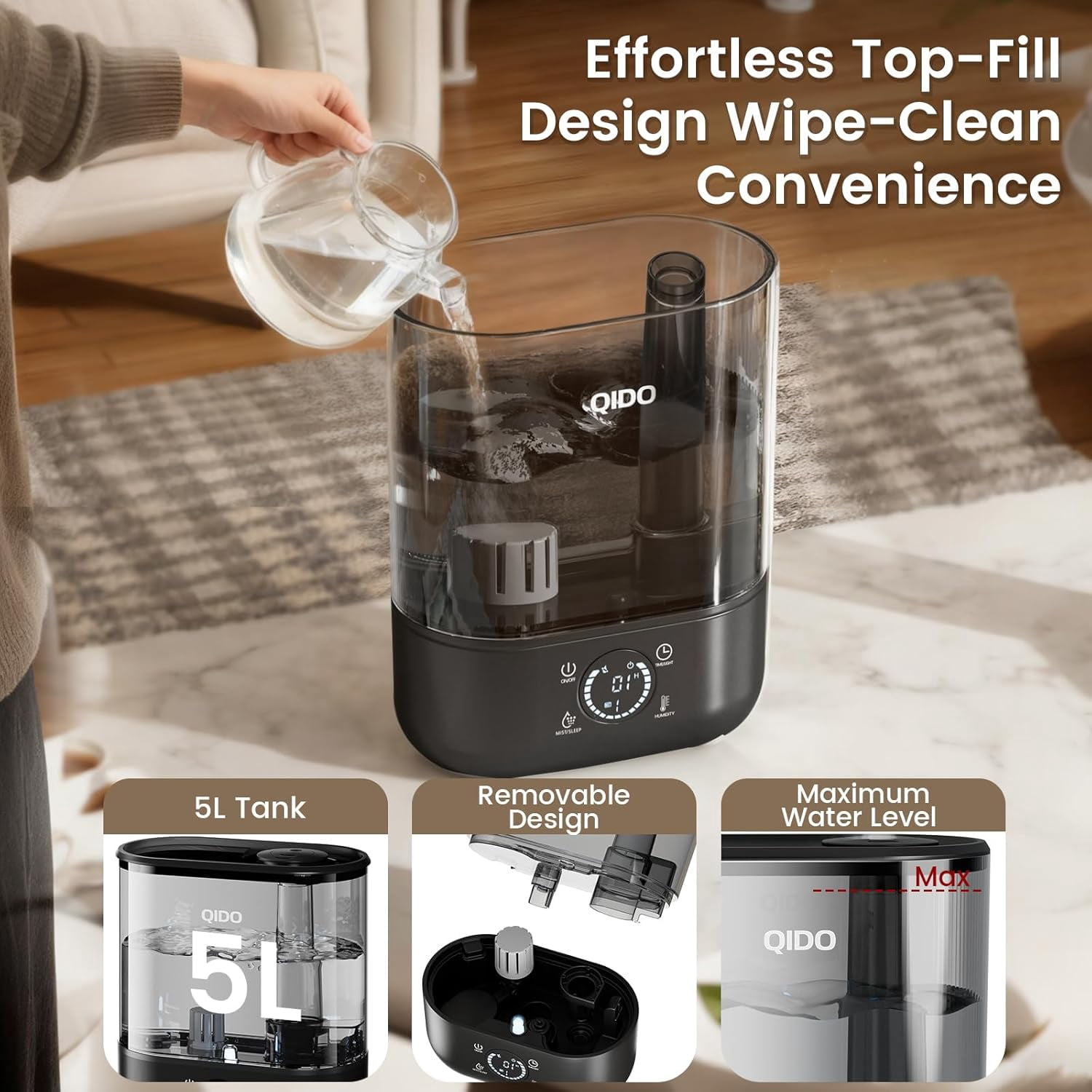 Top Fill Humidifiers for Bedroom, 5 L Cool Mist 36H Super Long Time, Quiet 28dB Essential Oil Diffuser for Baby & Plants, 3 adjustable Mist with Touch/APP/7-color Nightlight, Auto Shut-off, Black