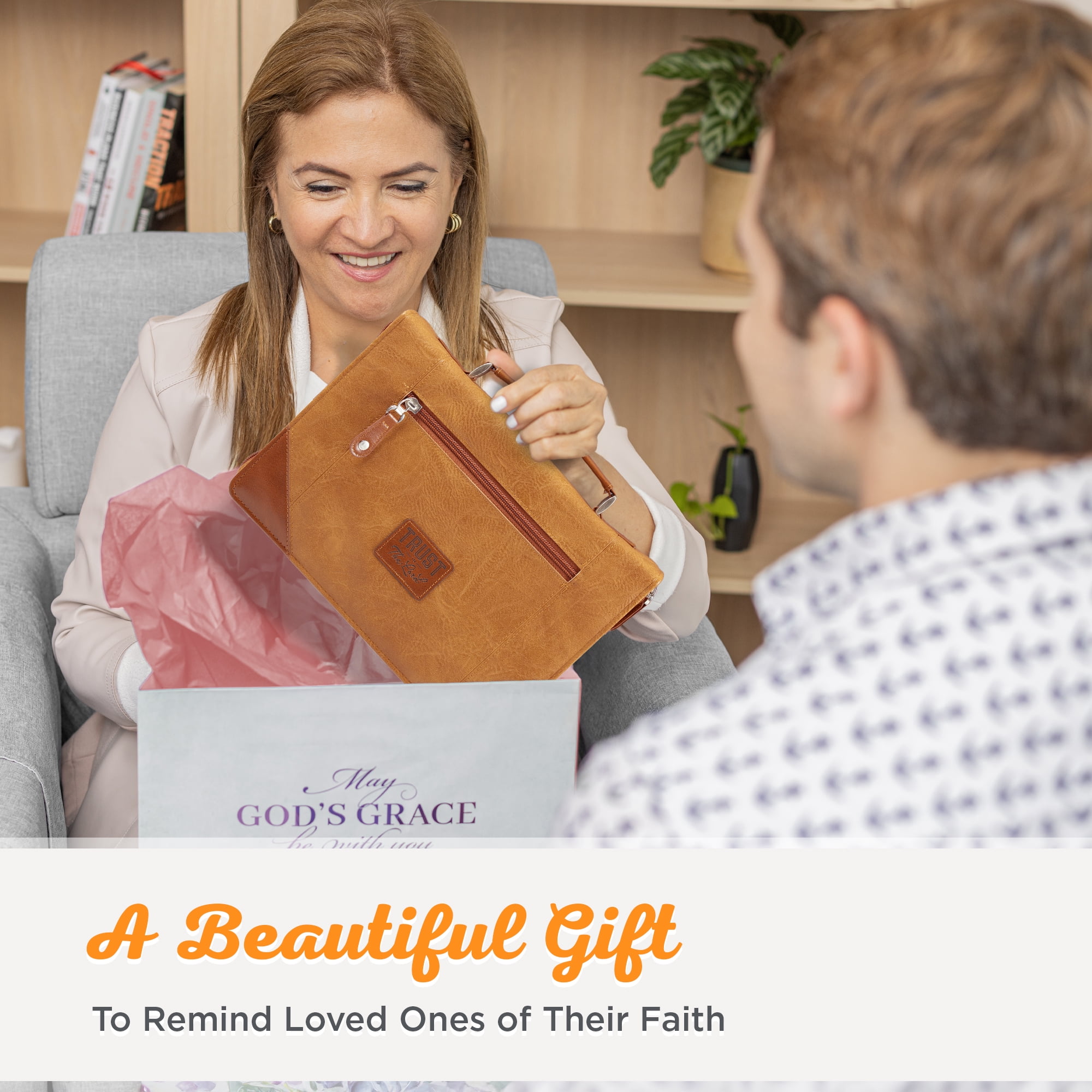 Christian Art Gifts Classic Vegan Leather Bible Cover for Men & Women: Trust in the Lord Inspirational Scripture, Easy Carry Book Case, Pen Loops, Pockets, Stationery Storage, Light Brown, Medium