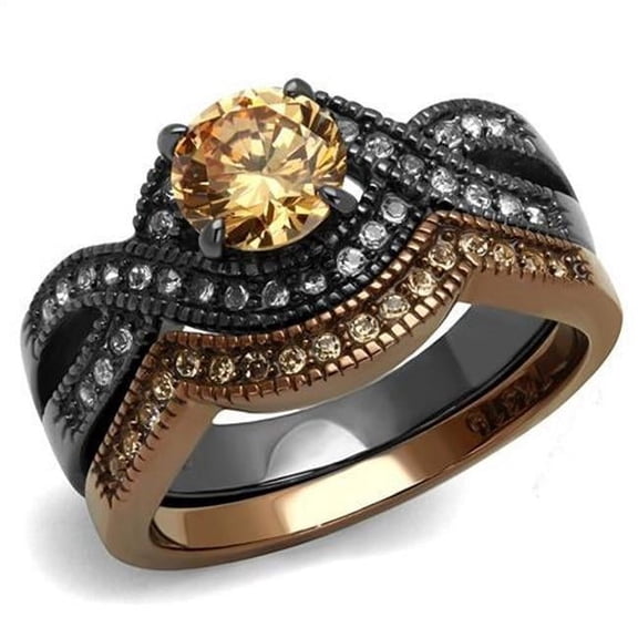 Alamode TK2957-9 Women IP Light Black & IP Light Coffee Stainless Steel Ring with AAA Grade CZ in Champagne - Size 9