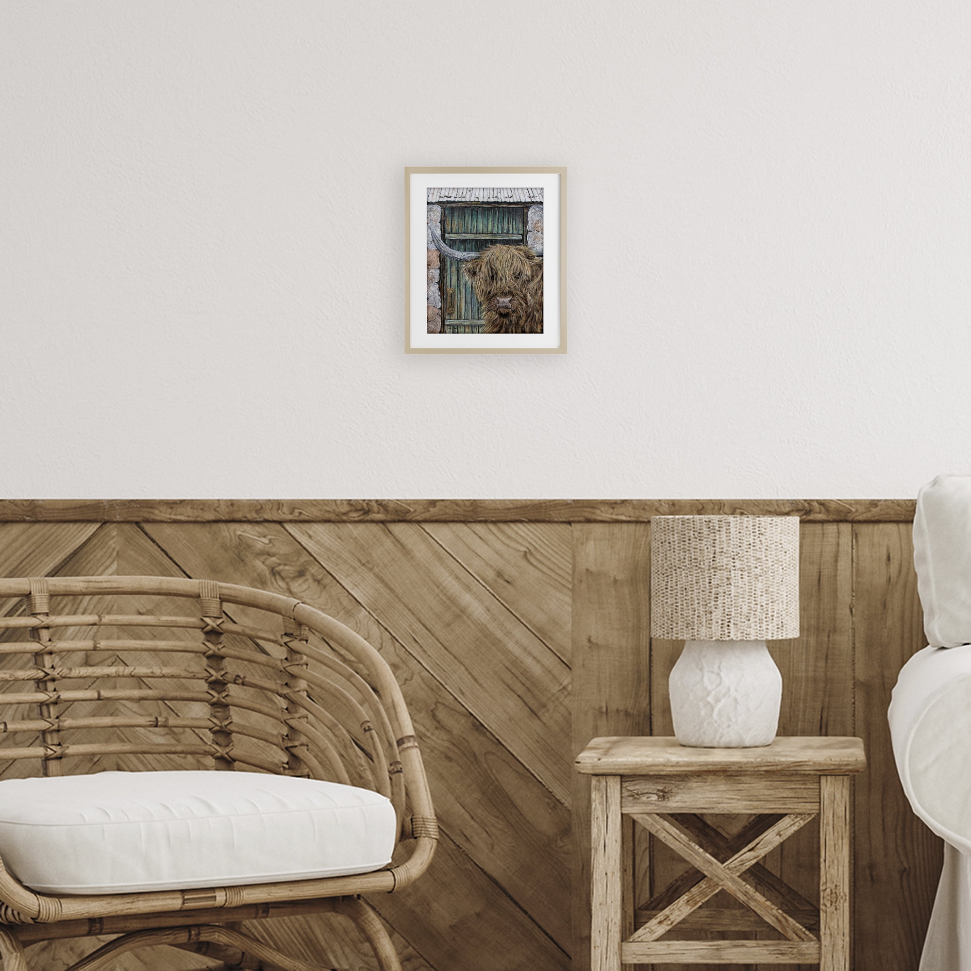Highland Cow by Barn Door Birch Framed Print Under Glass, design by Jean Plout