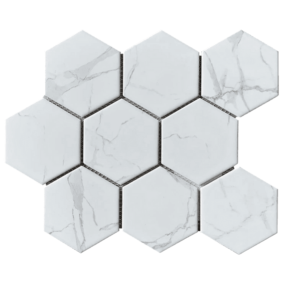 4-in Hexagon 12-in x 10-in Porcelain Glazed Statuario Satin Mosaic Floor and Wall Tile(0.83-sq. ft/ Piece)