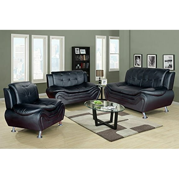 LIFESTYLE 3 Piece Genuine Leather Living Room Set,Living Room Furniture Modern Style Couch with Black