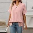 thumbnail image 2 of New Summer Arrivals Olyvenn Womens Solid Cotton Linen Shirts V Neck Summer Beach Blouses Tops Loose Casual Short Sleeve Button Up Boyfriend Shirt Pink L, 2 of 8