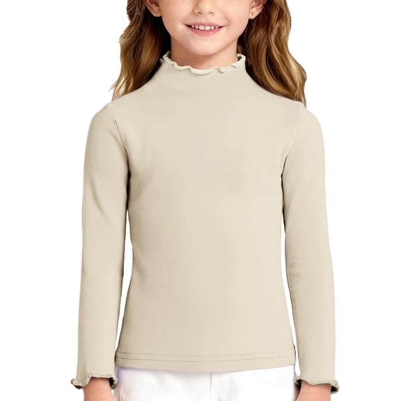 WOYY Girls Long Sleeve Neck T-Shirt Solid Basic Undershirt Kids Soft Casual Tshirt, Sizes 1-12