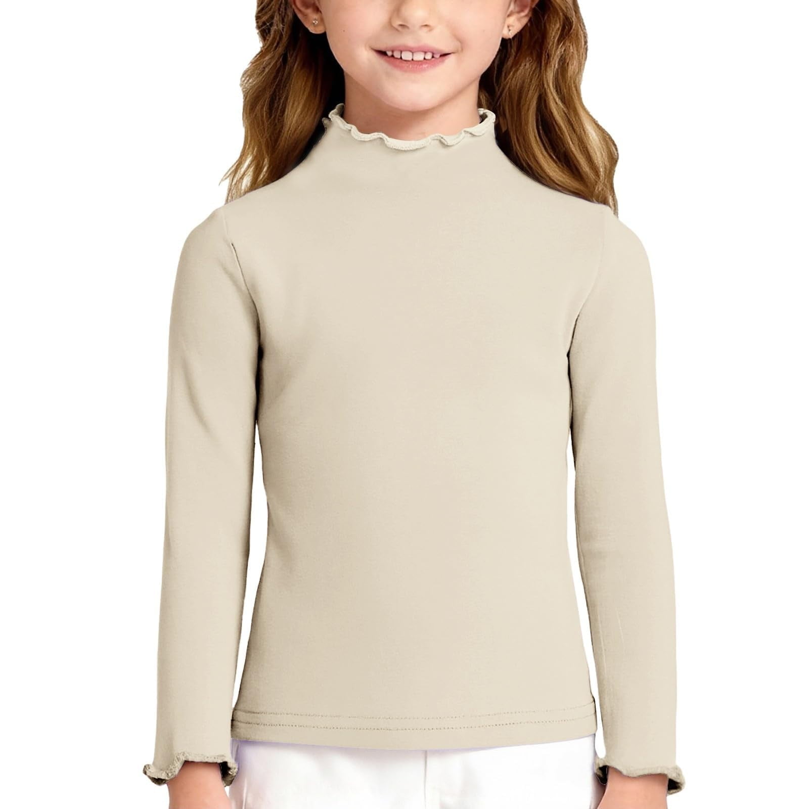 Fgnfyis Girls Long Sleeve Shirts Soft Top with Neck Lace Cozy Brushed Tee for Toddler Kid Girls Summer Tops Beige 1-2 Years