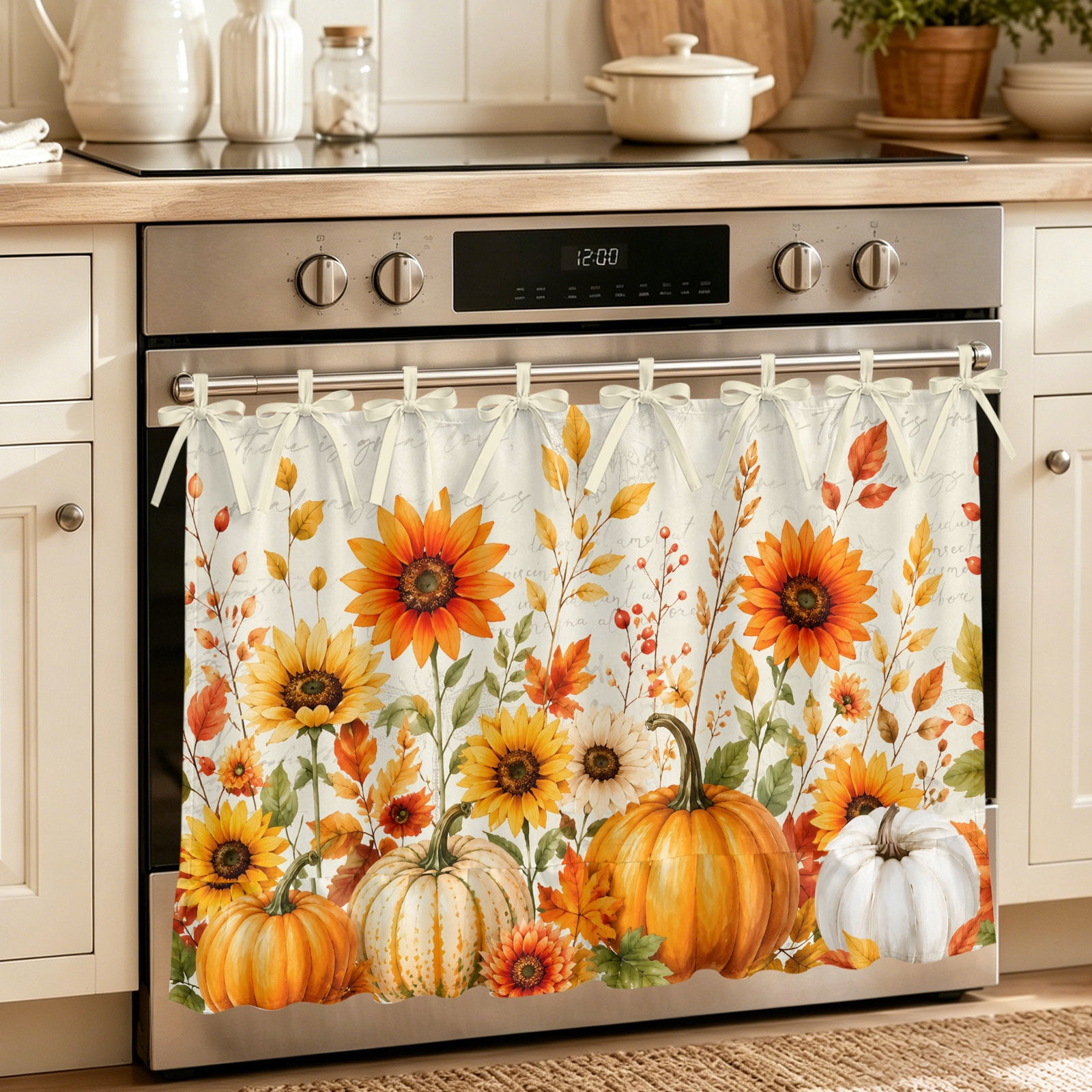 Oven Curtain for Kitchen Thanksgiving Fall Pumpkin Sunflower Stove Curtain With Ruffled Trim Dishwasher Curtains Rustic Floral Leaves Oven Skirt 27 x20