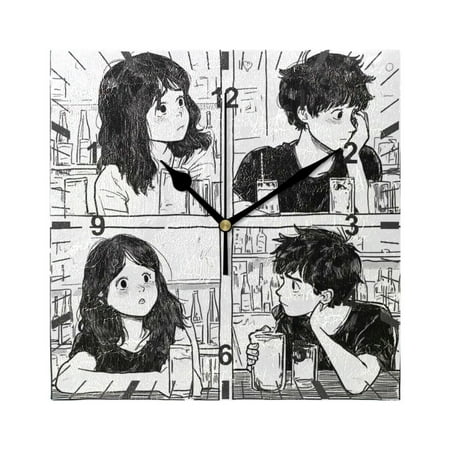 Cute Girl and Boy in Bar Wall Clock Battery Operated Silent Non-Ticking Bedroom Office Kitchen Home School Decor 7.8(Black)