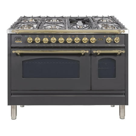 ILVE Nostalgie 48" NG Metal Double Oven Dual Fuel Range in Matte Graphite/Brass