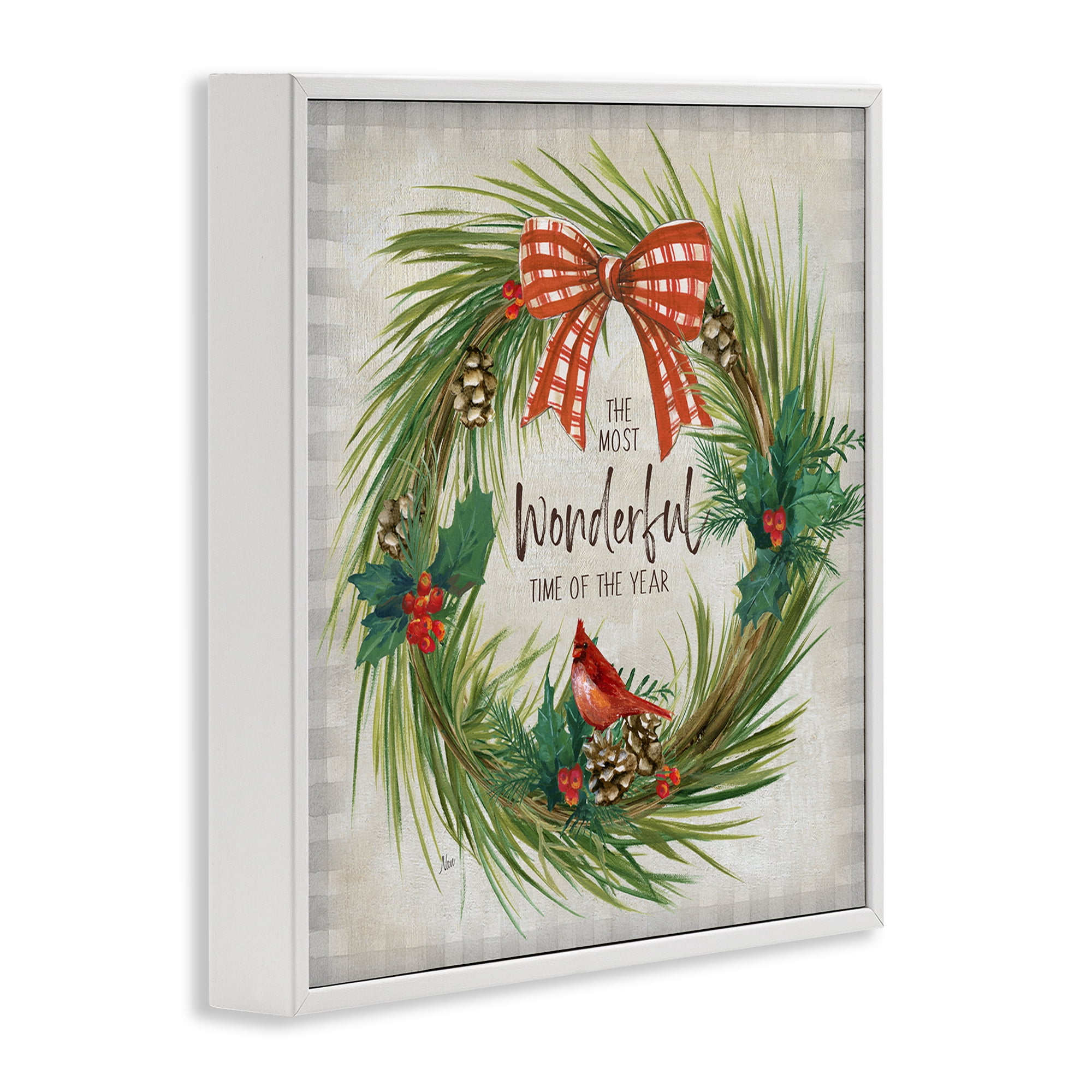 Stupell Industries Most Wonderful Time Wreath Holiday Painting White Framed Art Prints Wall Art, 24 x 24
