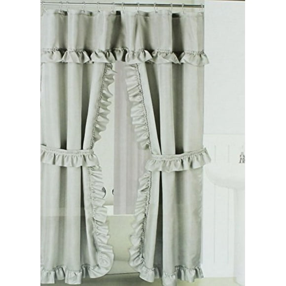 Better Home Double Swag Fabric Shower Curtain with Vinyl Liner and 12 Roller Shower Rings (Platinum Grey)