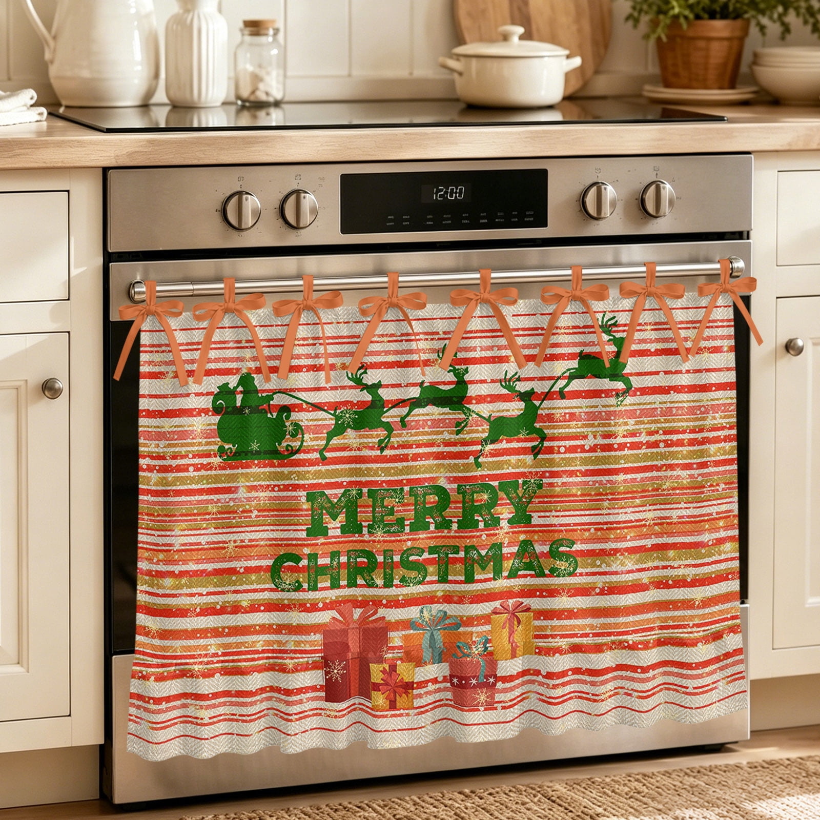 Oven Curtain for Kitchen Merry Christmas Reindeer Sleigh Gift Stove Curtain With Ruffled Trim Dishwasher Curtains Geometric Stripe on Linen Oven Skirt 27 x20