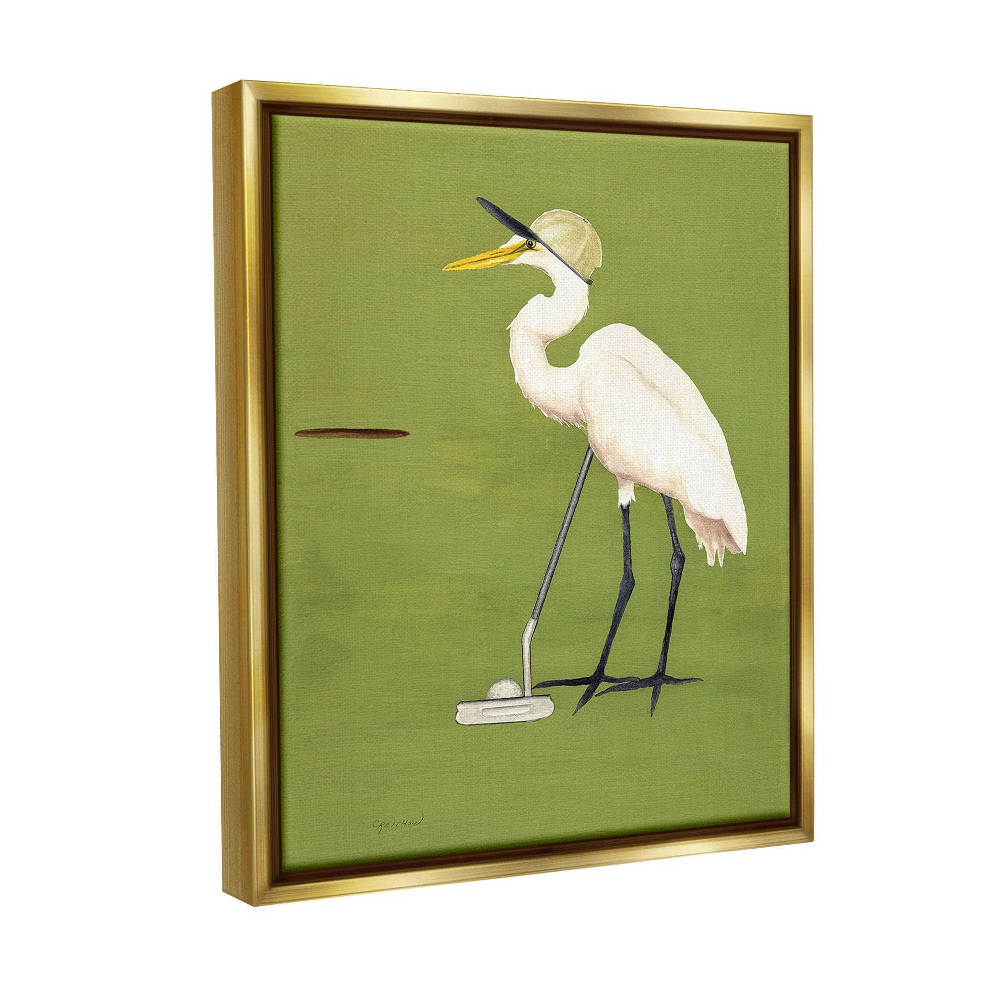 Stupell Industries Golfing Heron Bird Animals & Insects Painting Gold Floater Framed Canvas Art Print Wall Art, 25 x 31
