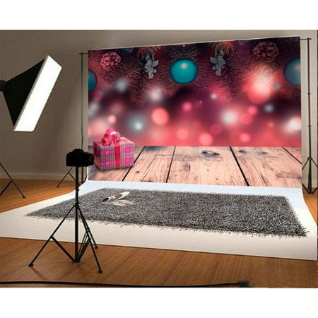 Image of MOHome 7x5ft Christmas Backdrop Gift Pine Twigs Cone Angels Bokeh Sparkle Sequins Vintage Wood Floor Photography Background Kids Adults Photo Studio Props