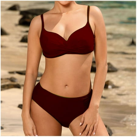 

Finelylove Two Piece Swimsuit For Women Support Sport Bra Style Bikini Purple XL