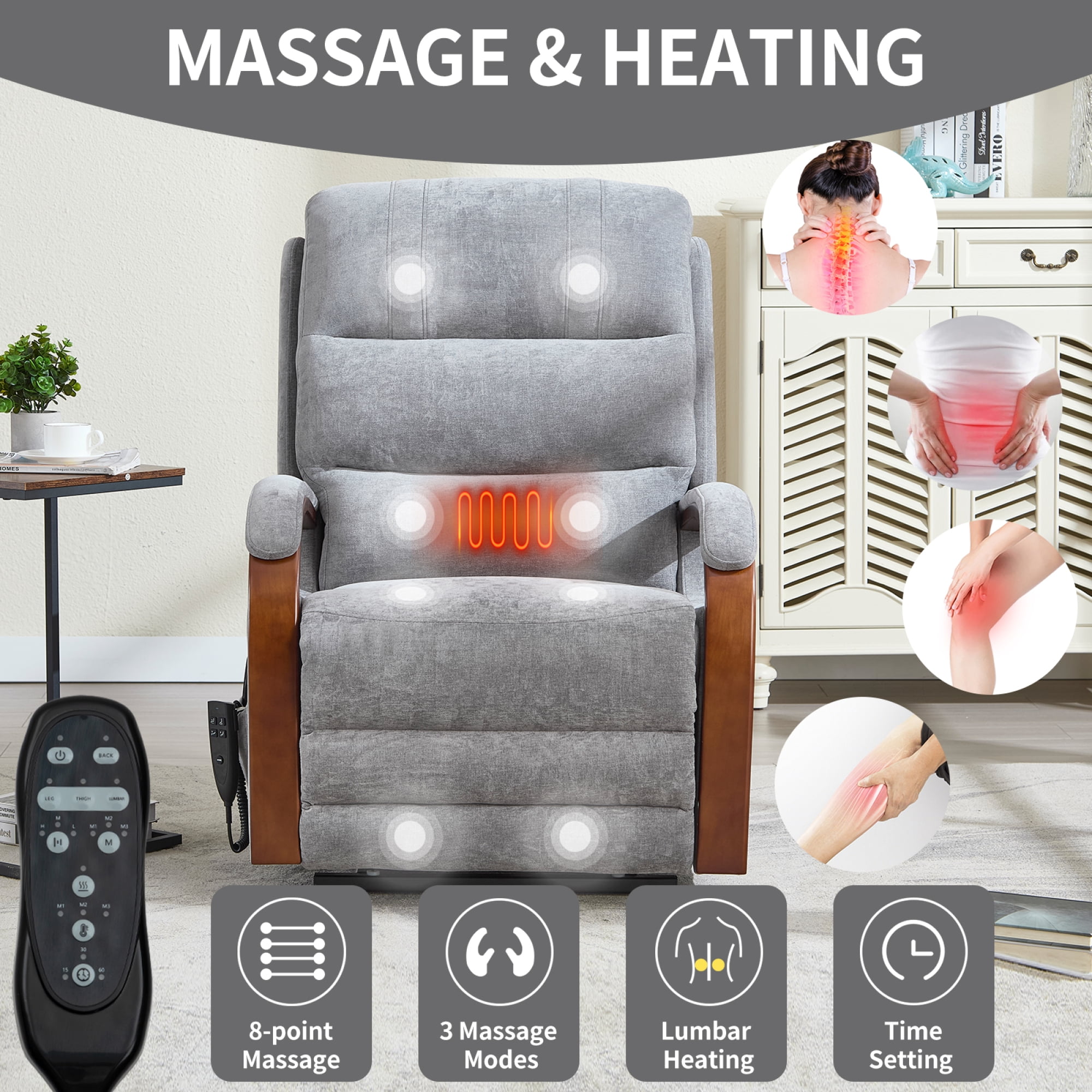 Leumius Power Lift Recliner Chair for Elderly with Heat and Massage,Lift Chair with Solid Wood Armrests for Living Room,Gray