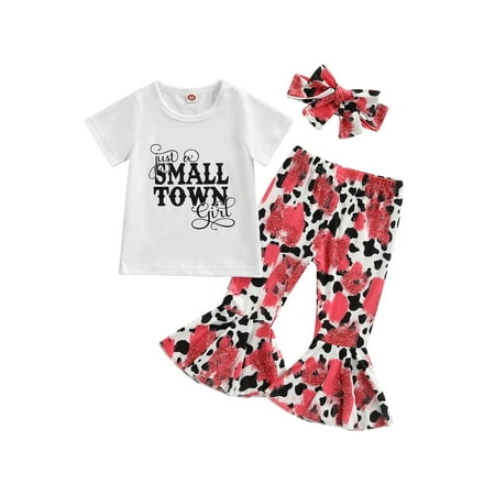 

Canrulo 3pcs Toddler Girls Cute Clothes Letter Short Sleeve T Shirts+Leopard Flare Pants Headband Sets Pink 3-4 Years