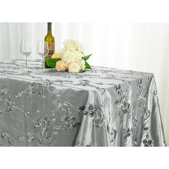 Wedding Linens Inc. 90" x 132'' Rectangular Ribbon Taffeta Tablecloth for Wedding, Luxury Events, Party use - Silver