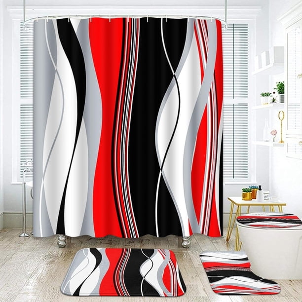 Juego de baño geométrico rosa con cortina de ducha, alfombra y accesorios, juego de cortina de ducha negra y gris, cortina de ducha de lujo abstracta rosa para baño, decoración de baño moderna, 4