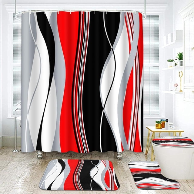 Juego de baño geométrico rosa con cortina de ducha, alfombra y accesorios, juego de cortina de ducha negra y gris, cortina de ducha de lujo abstracta rosa para baño, decoración de baño moderna, 4