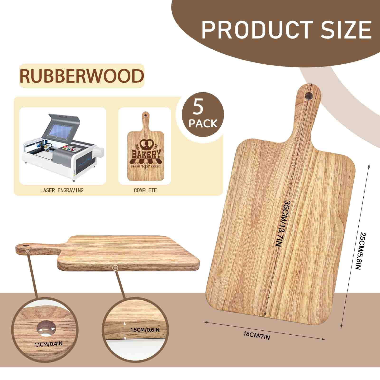 5 Pack Rubberwood Cutting Board Bulk Wooden Serving Tray Kitchen Chopping Boards with Handle for Laser Engraving Gift (13.8 x 7 Inch)