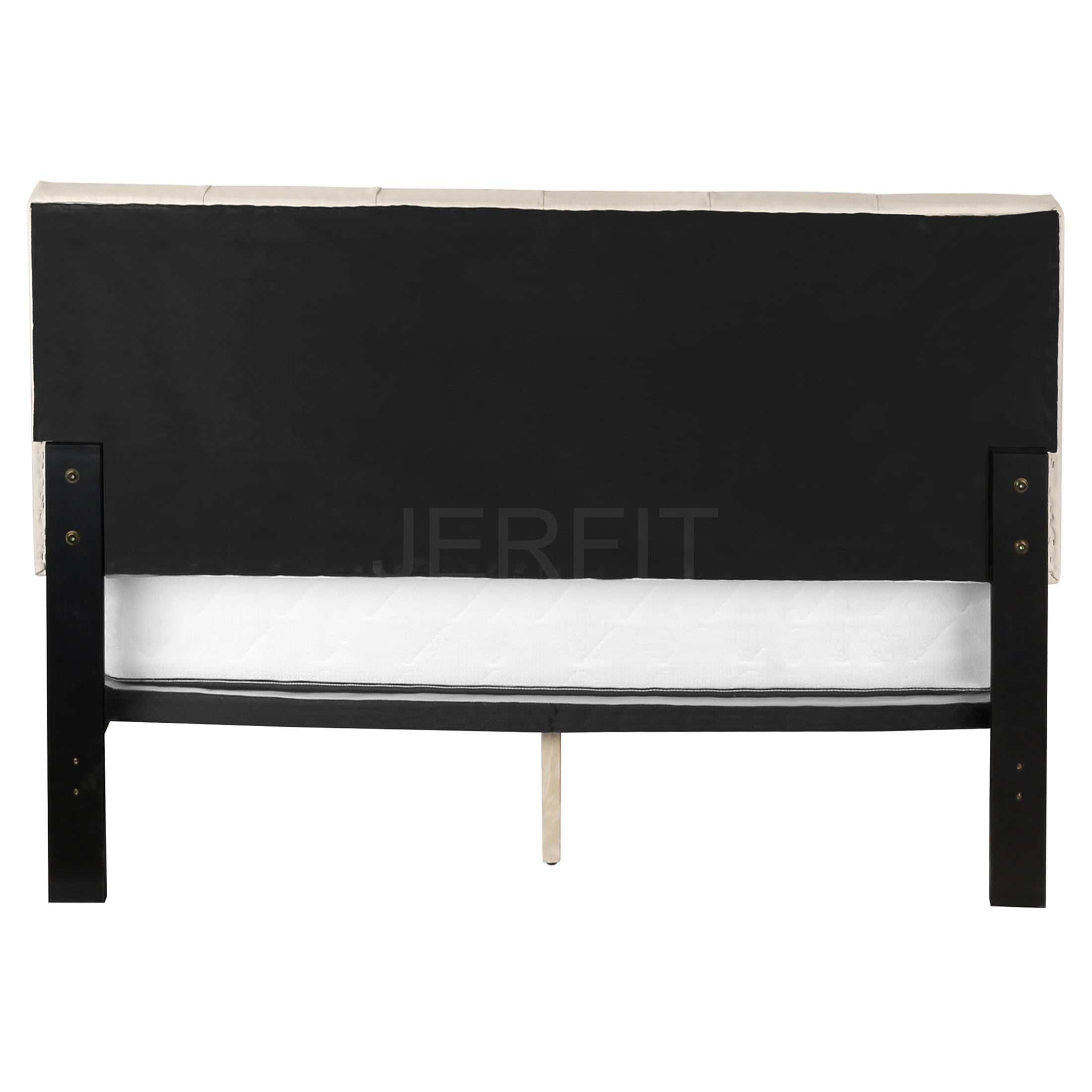 JERFIT Queen Upholstered Platform Bed Frame with Button Tufted Headboard, Beige Linen Fabric, Solid Wood Legs Support