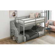 Euroco Wood Twin over Twin Floor Bunk Bed with Staircase for Kids Teens Room, Gray