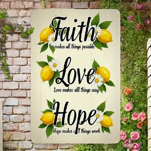 Faith, Love, Hope Inspirational Metal Wall Sign with Lemon & Daisy Design - Rustic Iron Home Decor for Kitchen, Bedroom, Cafe - Easy to Hang, Retro Motivational Art, Cafe Wall Art  Inspirational Artwo