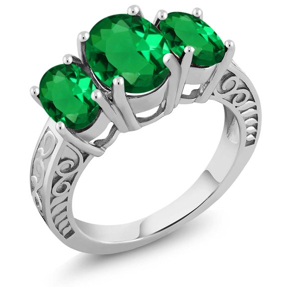Gem Stone King 2.70 Ct Oval Green Simulated Emerald 925 Sterling Silver 3-Stone Ring (Size 5)