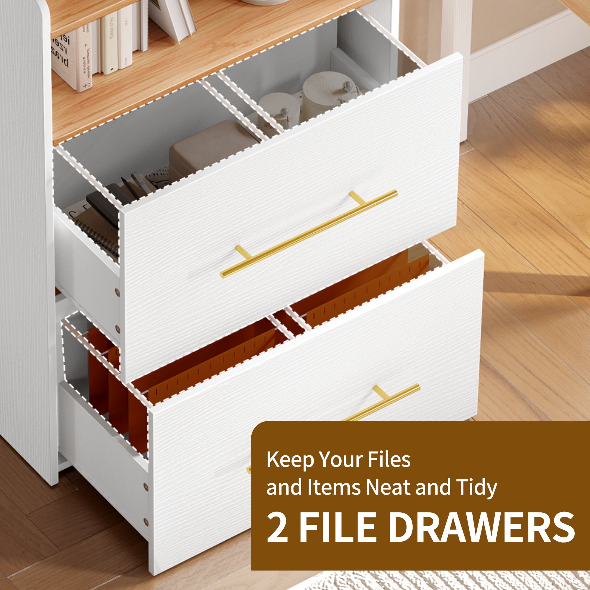 Uforic File Cabinet with 2 Drawer, Office Storage Filing Cabinet with Charging Station& Printer Shelf for Home Office, White