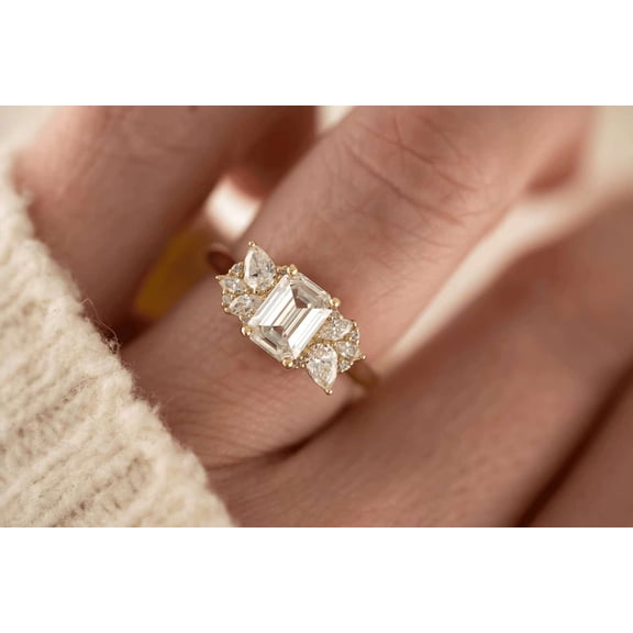 vylahjewellery 14K Solid White Gold Anniversary Ring Classic Proposal Ring for Women Emerald Cut Moissanite Diamond Wedding Band Cluster Engagement Ring