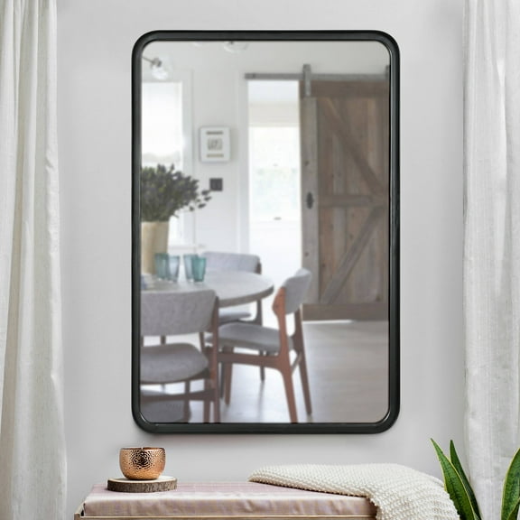 BizChair 20" x 30" Black Mirror for Wall - Sturdy Metal Framed Mirror - Rectangle Mirror with Metal Frame for Bathroom, Entryway, Living Room & More!