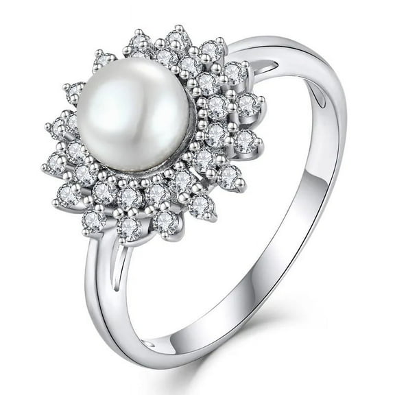Round Button Natural Pearl and Lab-Created Diamond Halo Ring in 925 Sterling Silver - Elegant Jewelry for Her