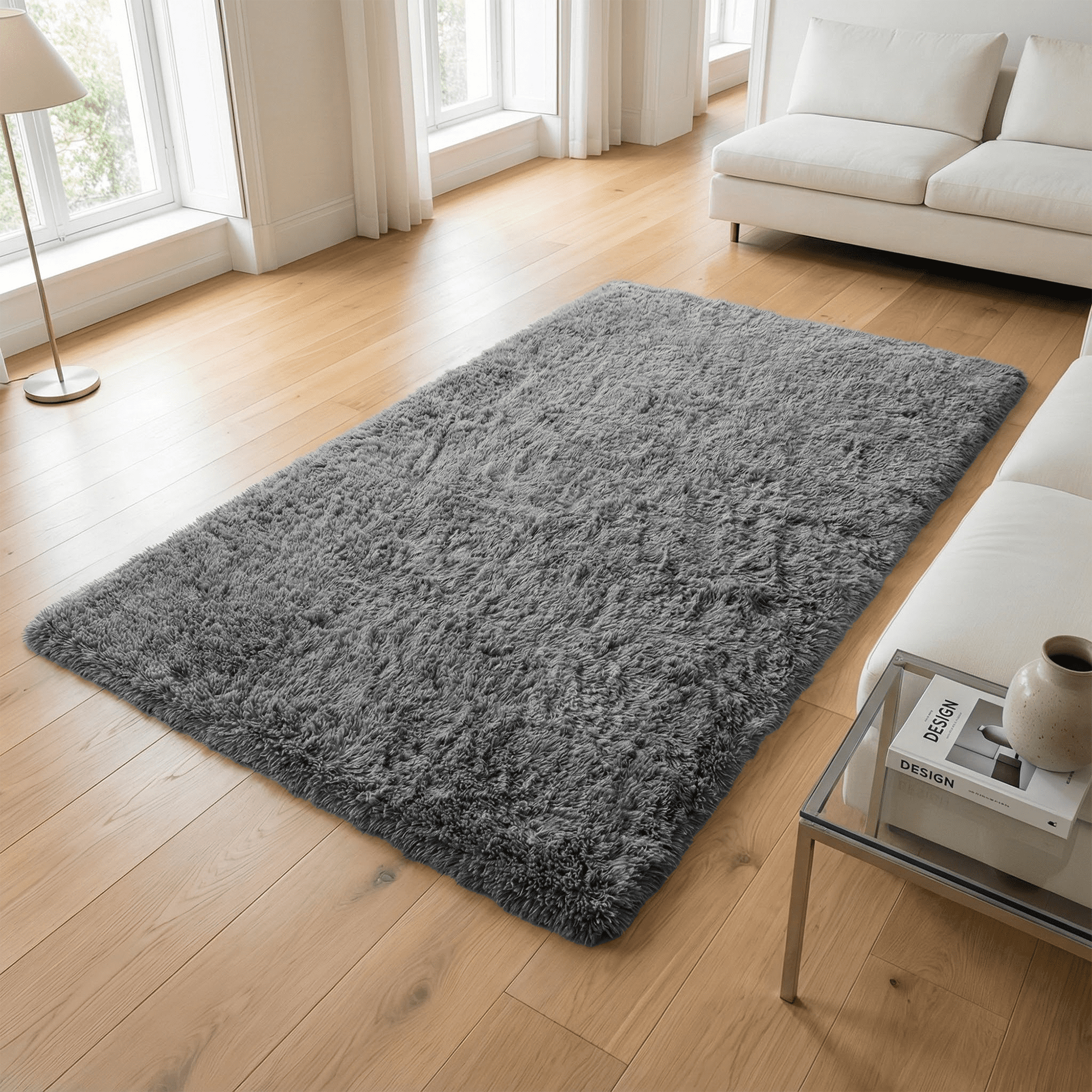 Rugs for Living Room, 3'x5' Soft Fluffy Area Rug for Bedroom, Plush Decorative Rug with Anti-Skid Backing, Indoor Home Carpet for Living Room, Grey