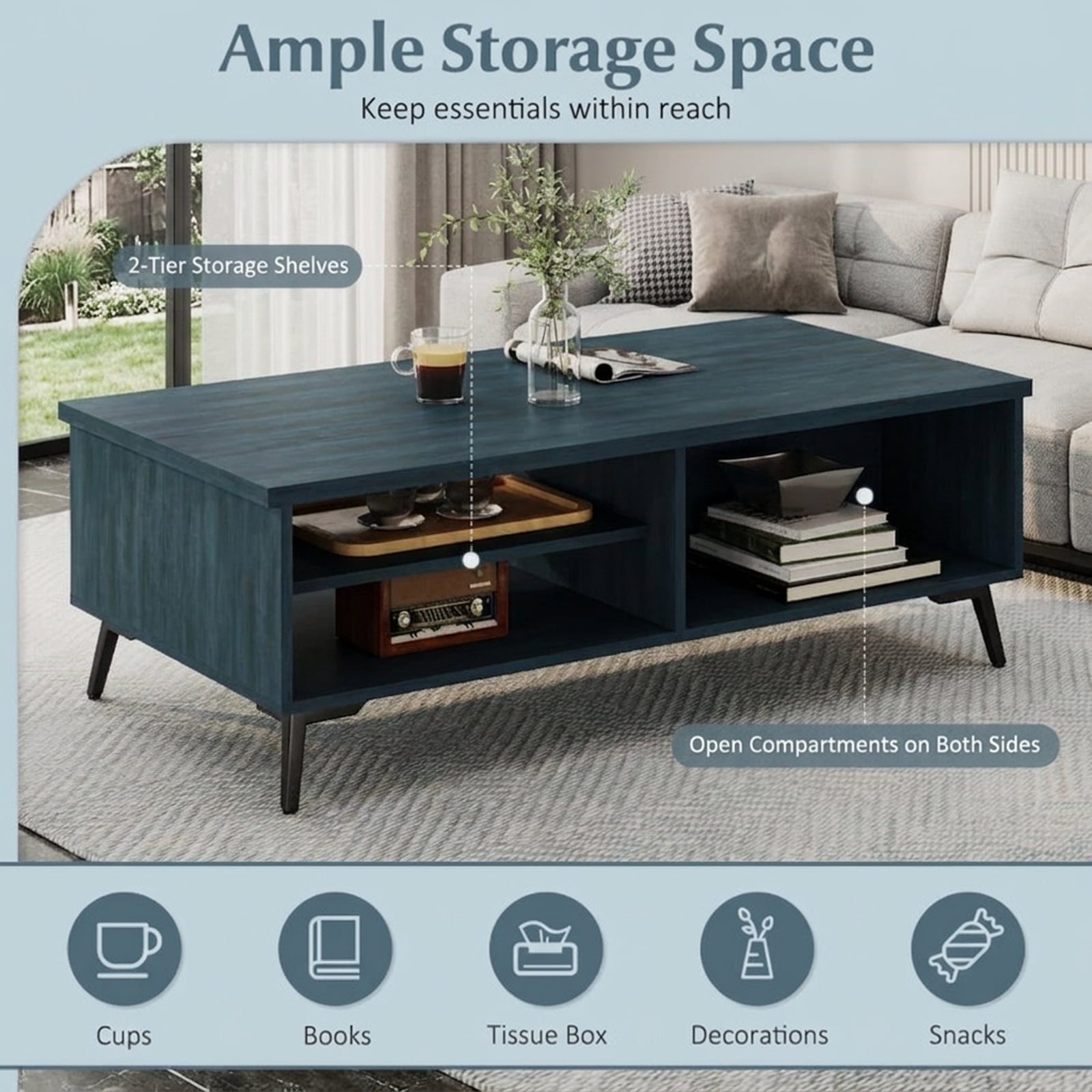 Furnibear 2-Tier Mid Century Modern Coffee Table with Storage Shelves Compartments - Blue - Living Room Cocktail Center Table