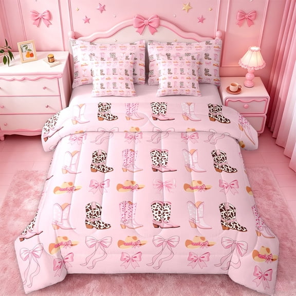 jejeloiu Chic Cow Cowboy Boot 7-Piece Twin Bedding Sets Kids,Pink Cute Bow Bedding Comforter Set For Girls,Reversible