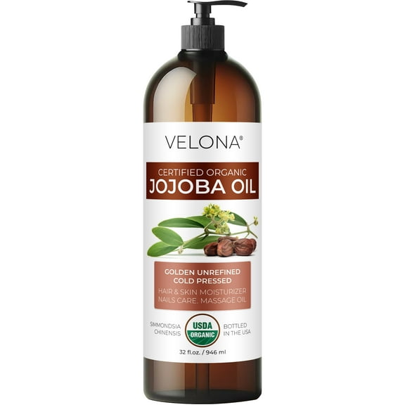velona Jojoba Oil USDA Certified Organic - 32 fl oz (With Pump) | 100% Pure and Natural | Golden, Unrefined, Cold Pressed, Hexane Free | Moisturizing Face, Hair, Body, Skin Care