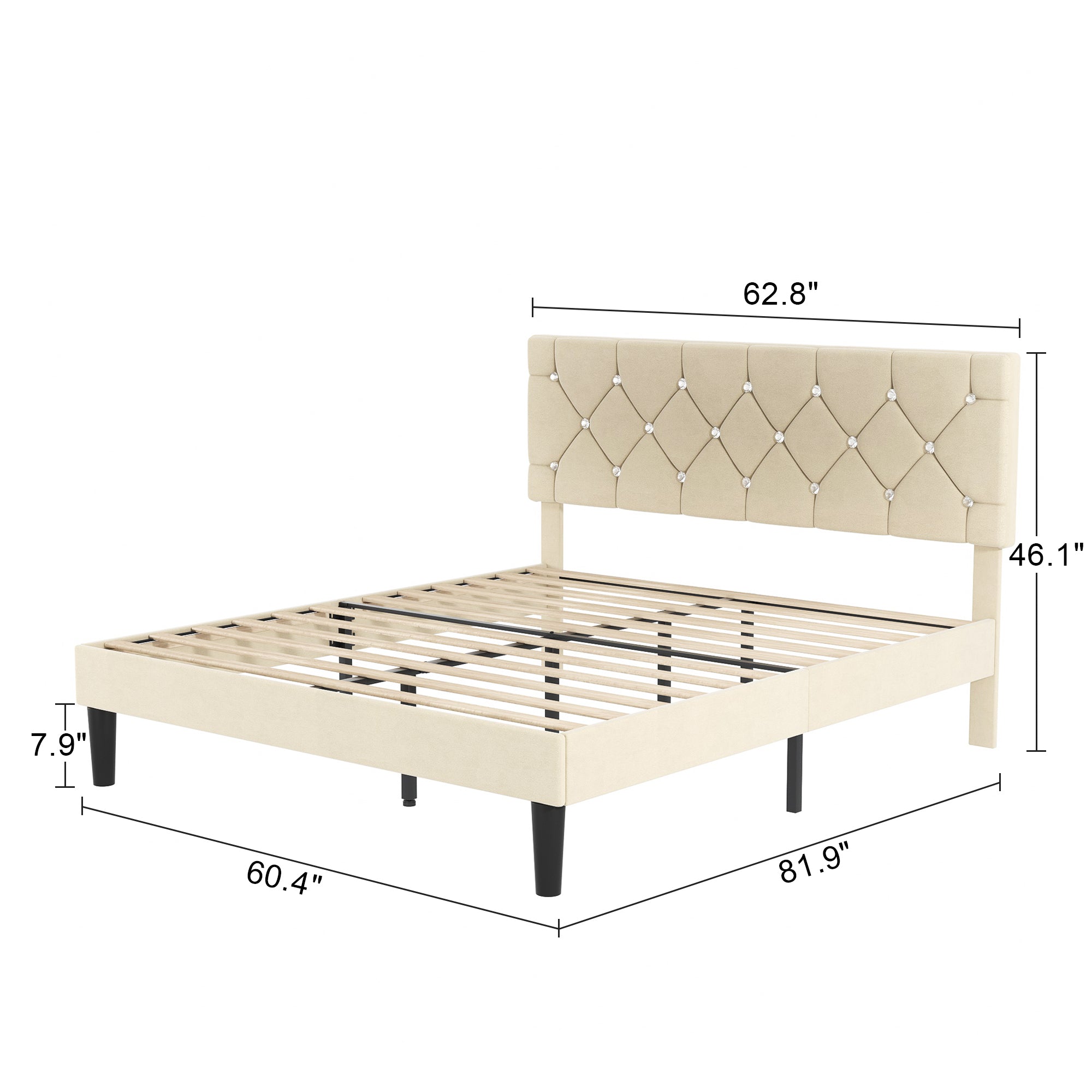 VECELO Queen Size Upholstered Bed Frame, Modern Platform Bed Frame with Diamond Tufted Headboard, No Box Spring Needed, Easy Assembly, Beige
