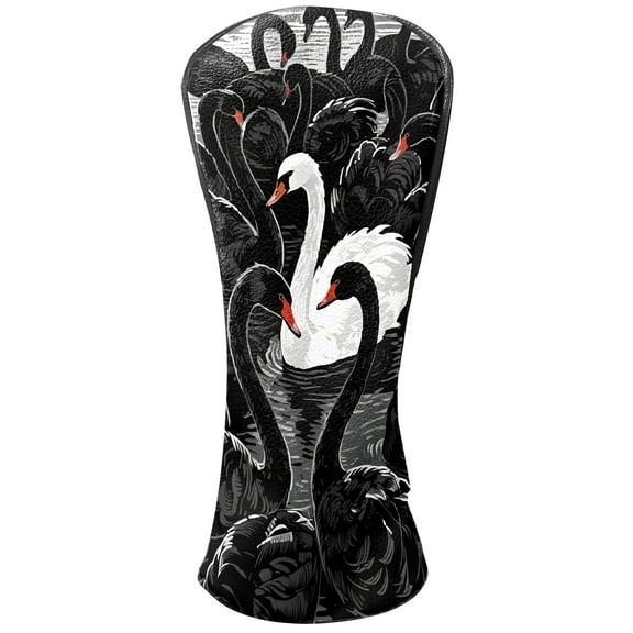 Golf Club Covers, Black And White Swan Premium PU Leather Driver Hybrid Putter Head Covers with Velvet Lining, Waterproof Golf Gifts for Men Women