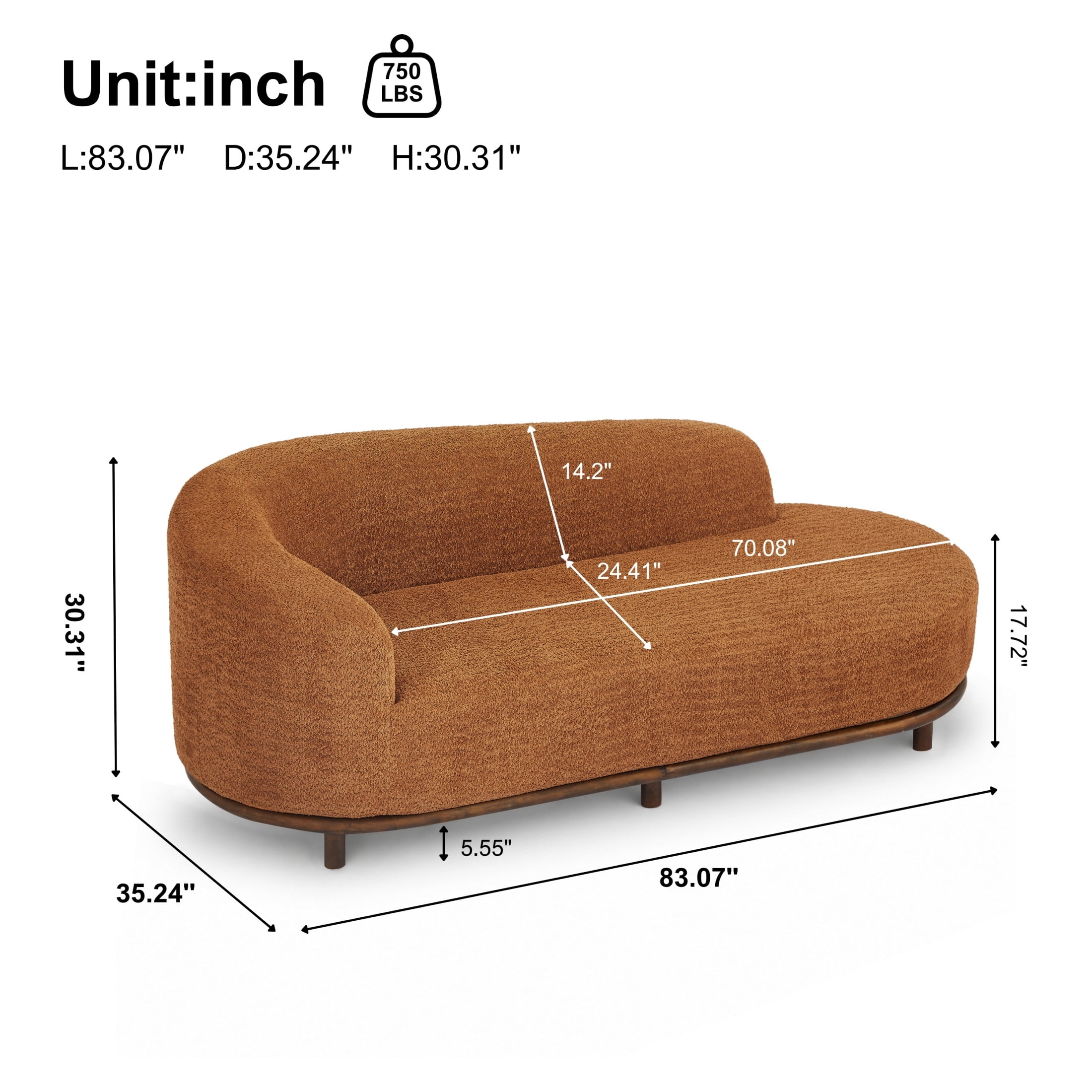 Christopher Knight Home Modern Boucle Chaise Lounge Sofa with 3 Seats, Solid Wood Frame, Orange