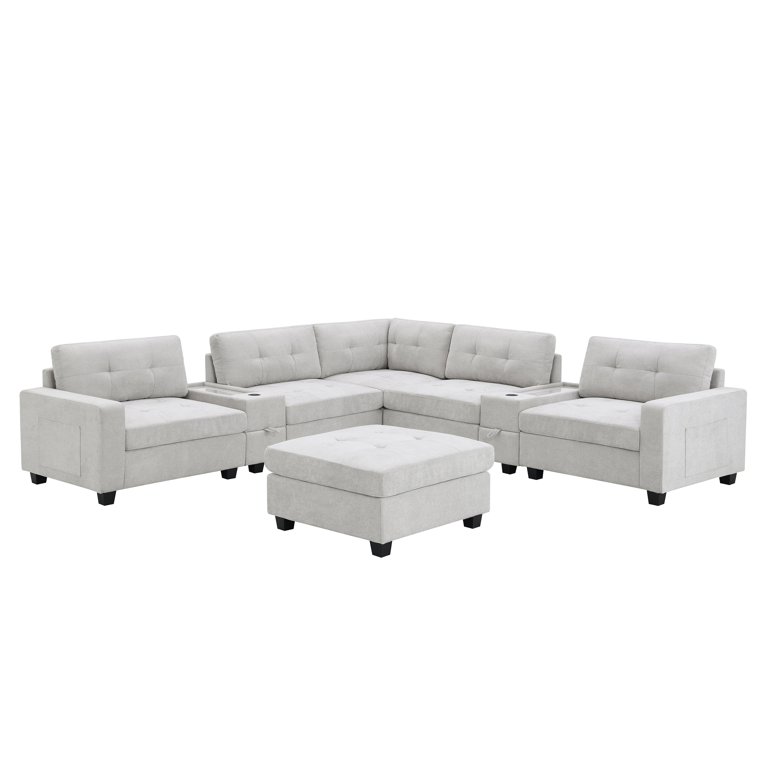 MAYEERTY 104" Sectional Sofa - Acrylic Table Top Chenille U-Shaped Couch with 2 Consoles/USB/Storage/Ottoman, Tufted for Living Room/Apartment, 2 Colors
